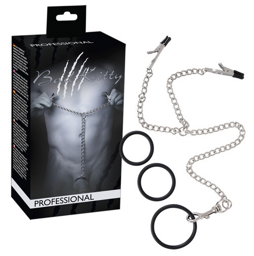 Y-shaped chain with nipple clamps and cock rings