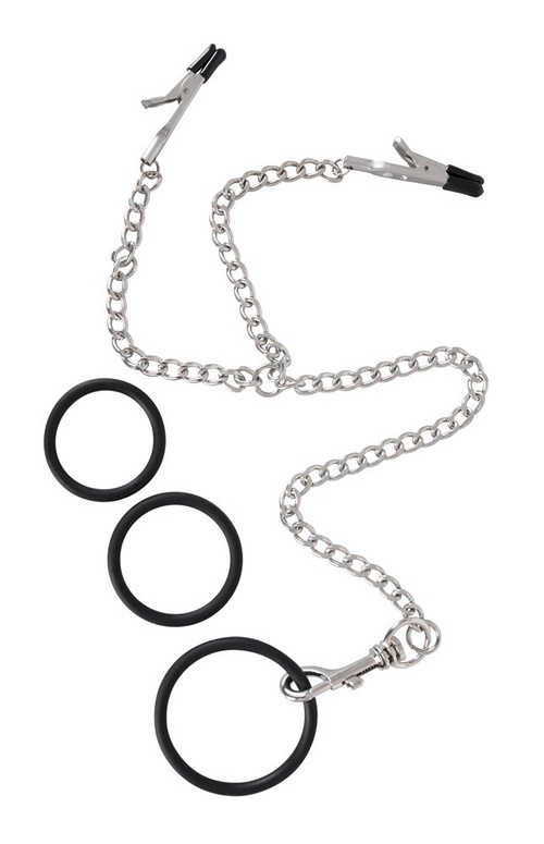 Y-shaped chain with nipple clamps and cock rings